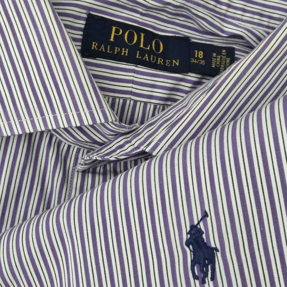 Polo Ralph Lauren Button Shirt Men's‎ 18 34-35 Purple Stripe Pony Oxford Preppy